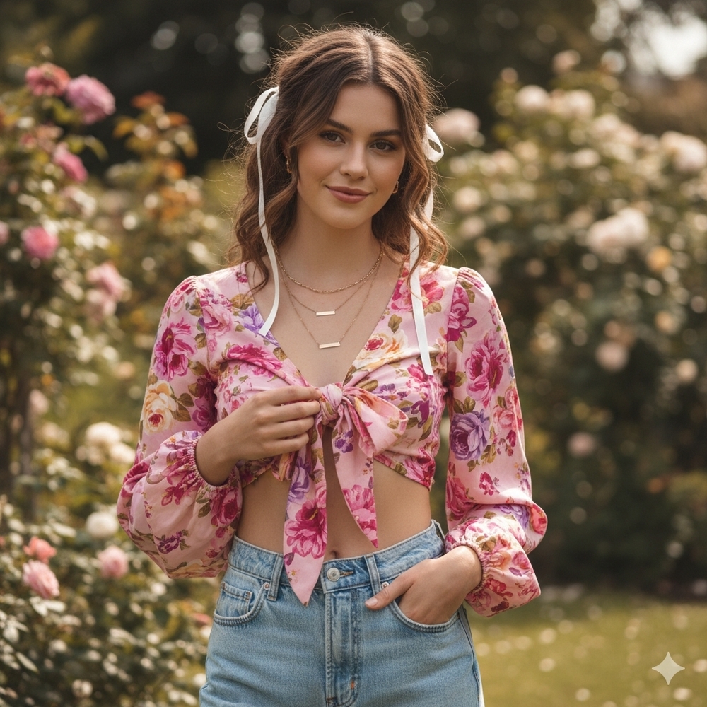 Vero Moda Floral Crop Top Size Medium Pink Tie Front Soft Girl Fairycore